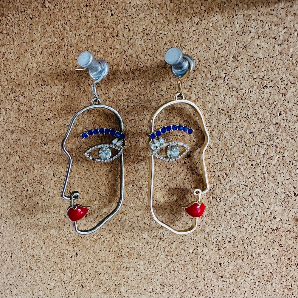 Abstract Face Earrings with Red and Blue jewels